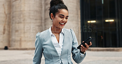 Buy stock photo Business, smile and woman in street, smartphone and internet with app, message to contact and texting. Happy person, outdoor and employee in city, cellphone and communication with email and network
