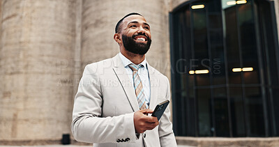 Buy stock photo Business man, phone and search in city with digital map, direction and location on web for real estate job. Property developer, person and smartphone with mobile app, happy and notification in Brazil