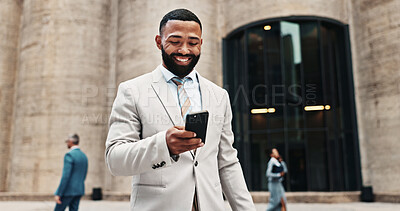 Buy stock photo Business, smile and man in city, cellphone and internet with social media, message to contact and texting. Person, outdoor or employee with smartphone, online reading or digital app for communication