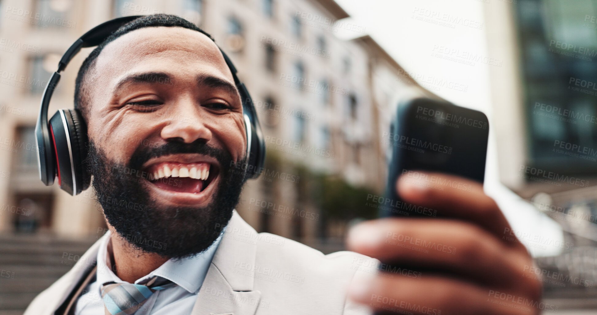 Buy stock photo Business, headphones and man in city, smartphone and smile with audio, listening to music and podcast. Happy person, employee and consultant in street, cellphone and headset with sound, app and radio