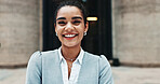 Happy, city and portrait of business woman with smile, confidence and pride for career opportunity. Professional, corporate and person for finance agency, investment advisor and financial job in town