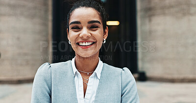 Buy stock photo Happy, city and portrait of business woman with smile, confidence and pride for career opportunity. Professional, corporate and person for finance agency, investment advisor and financial job in town