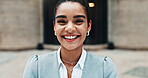Smile, city and portrait of business woman with confidence for career opportunity, ambition and pride. Happy, corporate and person for entrepreneurship, investment advisor and financial job in town