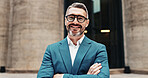 Crossed arms, city and portrait of business man with smile, confidence and pride for career opportunity. Happy, corporate and person with glasses for entrepreneur, investor and financial job in town