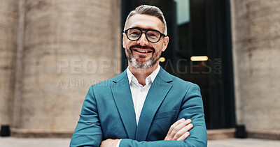Buy stock photo Crossed arms, city and portrait of business man with smile, confidence and pride for career opportunity. Happy, corporate and person with glasses for entrepreneur, mature investor and financial job