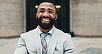 Laughing, city and portrait of business man with smile, confidence and pride for career opportunity. Happy, corporate and person for entrepreneurship, investment advisor and financial job in town