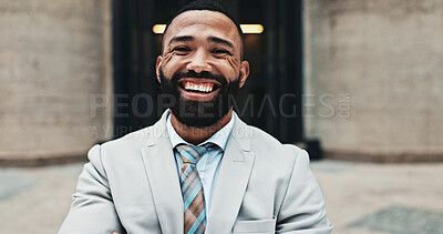 Buy stock photo Laughing, city and portrait of business man with smile, confidence and pride for career opportunity. Happy, corporate and person for entrepreneurship, investment advisor and financial job in town