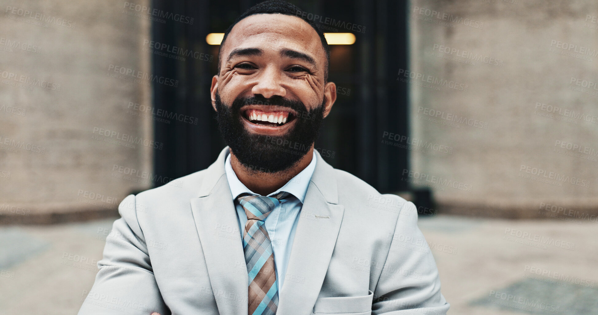 Buy stock photo Laughing, city and portrait of business man with smile, confidence and pride for career opportunity. Happy, corporate and person for entrepreneurship, investment advisor and financial job in town