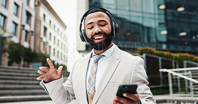 Buy stock photo Business, headphones and man with smartphone, dancing and smile with audio, listening to music and outdoor. Happy person, celebration and consultant in street, cellphone and headset with sound or app