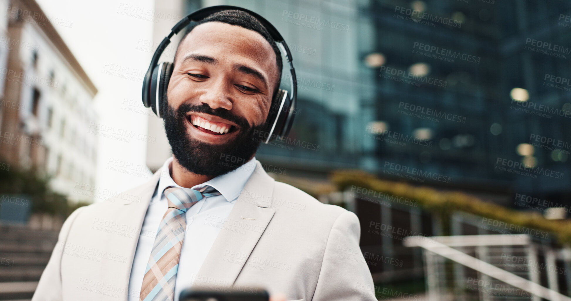 Buy stock photo Business, headphones and man with cellphone, smile and digital app with audio, listening to music and radio. Happy person, employee and consultant in street, celebration and headset with sound