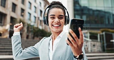 Buy stock photo Business, headphones and woman with cellphone, excited and dancing with audio, listening to music and sound. Happy person, employee and consultant in city, energy and headset with success and radio