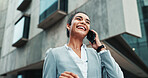 City, phone call and happy business woman with real estate deal, investment and laugh. Outdoor, worker and conversation on mobile with contact for building purchase, mortgage and sales in low angle