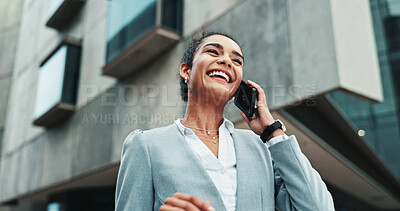 Buy stock photo City, phone call and happy business woman with real estate deal, investment and laugh. Outdoor, worker and conversation on mobile with contact for building purchase, mortgage and sales in low angle
