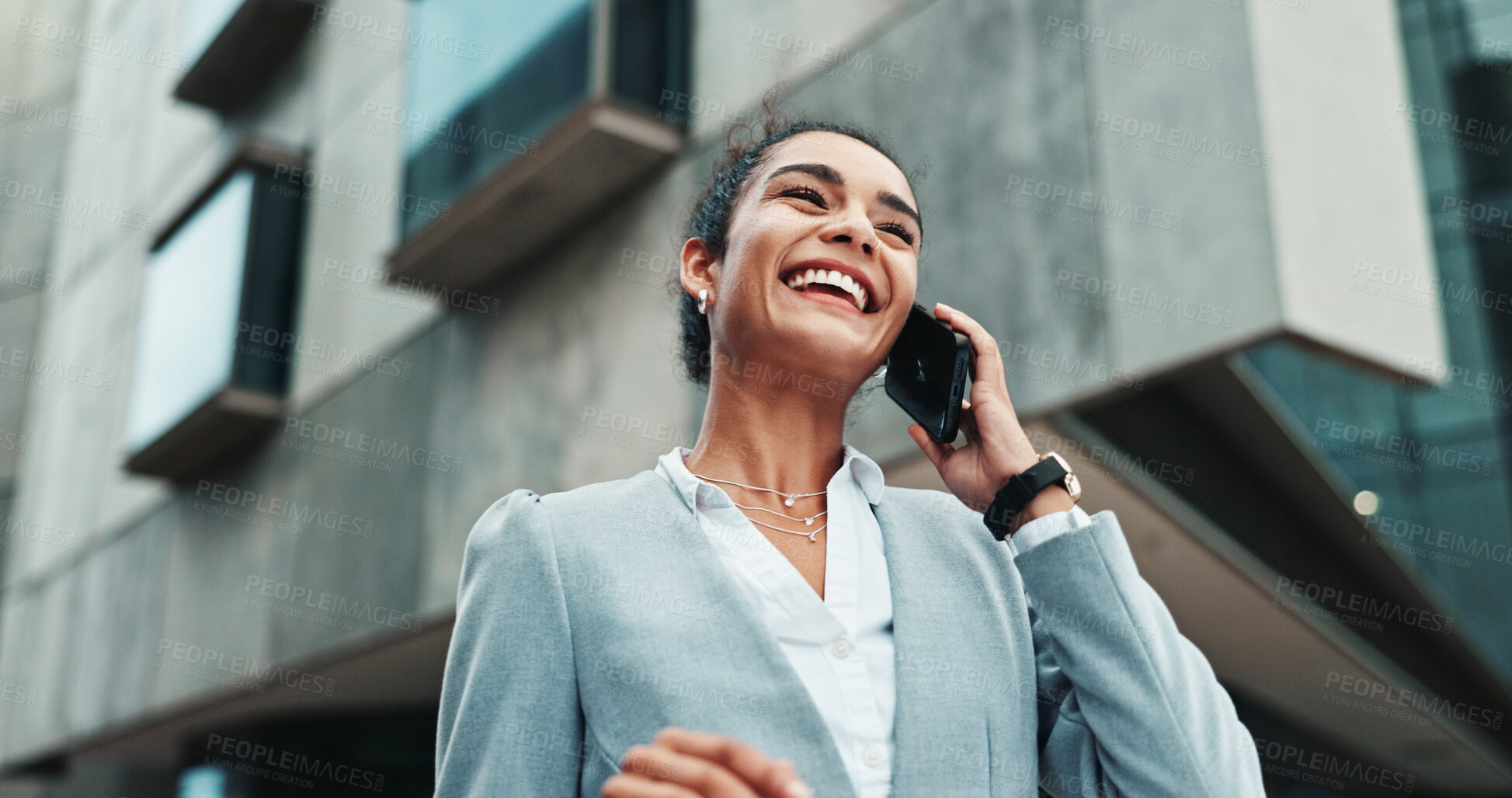 Buy stock photo City, phone call and happy business woman with real estate deal, investment and laugh. Outdoor, worker and conversation on mobile with contact for building purchase, mortgage and sales in low angle