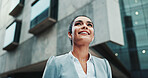 Business, wonder and woman in city, below and ideas with choice, planning and commute. Happy person, financial advisor and consultant in street, thinking and contemplation with decision and travel