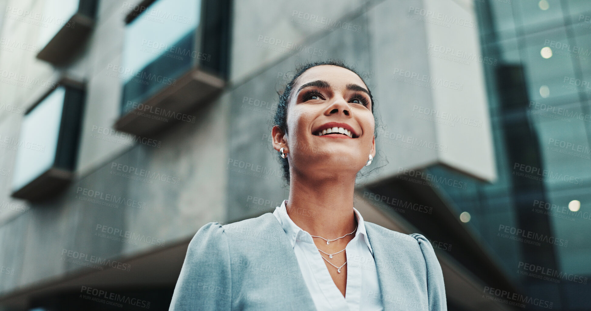Buy stock photo Business, smile and woman in city, below and ideas with choice, planning and commute. Happy person, financial advisor and consultant in street, thinking and contemplation with decision and travel