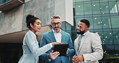 Buy stock photo Finance, teamwork and business people in city with tablet, news or review for feedback, project or sales. Account manager, colleagues or employees with tech for collaboration, corporate or discussion