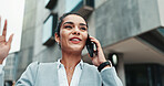 Business, phone call and woman in city, conversation and travel with advice for trading. Person, employee and financial consultant in street, smartphone and communication with announcement and smile