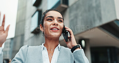 Buy stock photo Business, phone call and woman in city, conversation and travel with advice for trading. Person, employee and financial consultant in street, smartphone and communication with announcement and smile