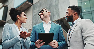 Buy stock photo Laughing, colleagues and group with tablet, business and review of positive feedback for project in city. Account manager, people and employees with tech for collaboration, corporate and low angle