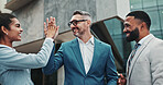 Business people, high five and happy in city, team and support with deal for urban real estate sale. Men, woman and excited with goals, motivation and achievement with profit in property development
