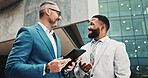 Finance, happy or business people in city with tablet, news or review for feedback, project or sales. Mature account manager, teamwork or employees with tech for collaboration, report or discussion