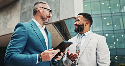 Buy stock photo Finance, happy or business people in city with tablet, news or review for feedback, project or sales. Mature account manager, teamwork or employees with tech for collaboration, report or discussion