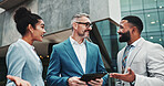 Ideas, colleagues and group with tablet, business and review of positive feedback for project and sales. Account manager, people and employees with tech for collaboration, corporate and discussion
