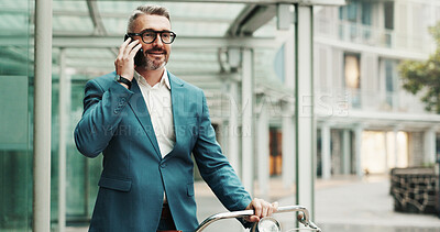 Buy stock photo City, phone call and mature businessman with bike for travel, eco friendly transport and thinking on trip. Outdoor, bicycle and mature manager with mobile, walking and listening to contact on commute