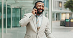 City, mobile call and businessman laughing with deal, investment negotiation and funny joke. Outdoor, worker and conversation on phone with contact for financial opportunity, news and trading results