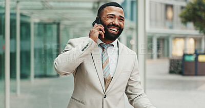 Buy stock photo City, mobile call and businessman laughing with deal, investment negotiation and funny joke. Outdoor, worker and conversation on phone with contact for financial opportunity, news and trading results