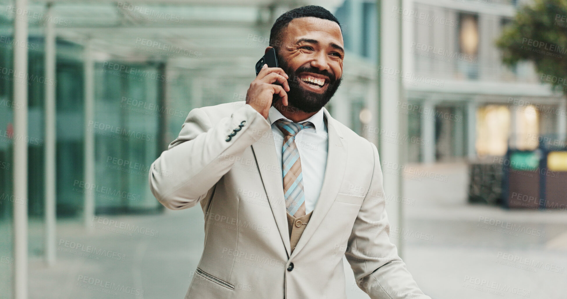 Buy stock photo City, mobile call and businessman laughing with deal, investment negotiation and funny joke. Outdoor, worker and conversation on phone with contact for financial opportunity, news and trading results