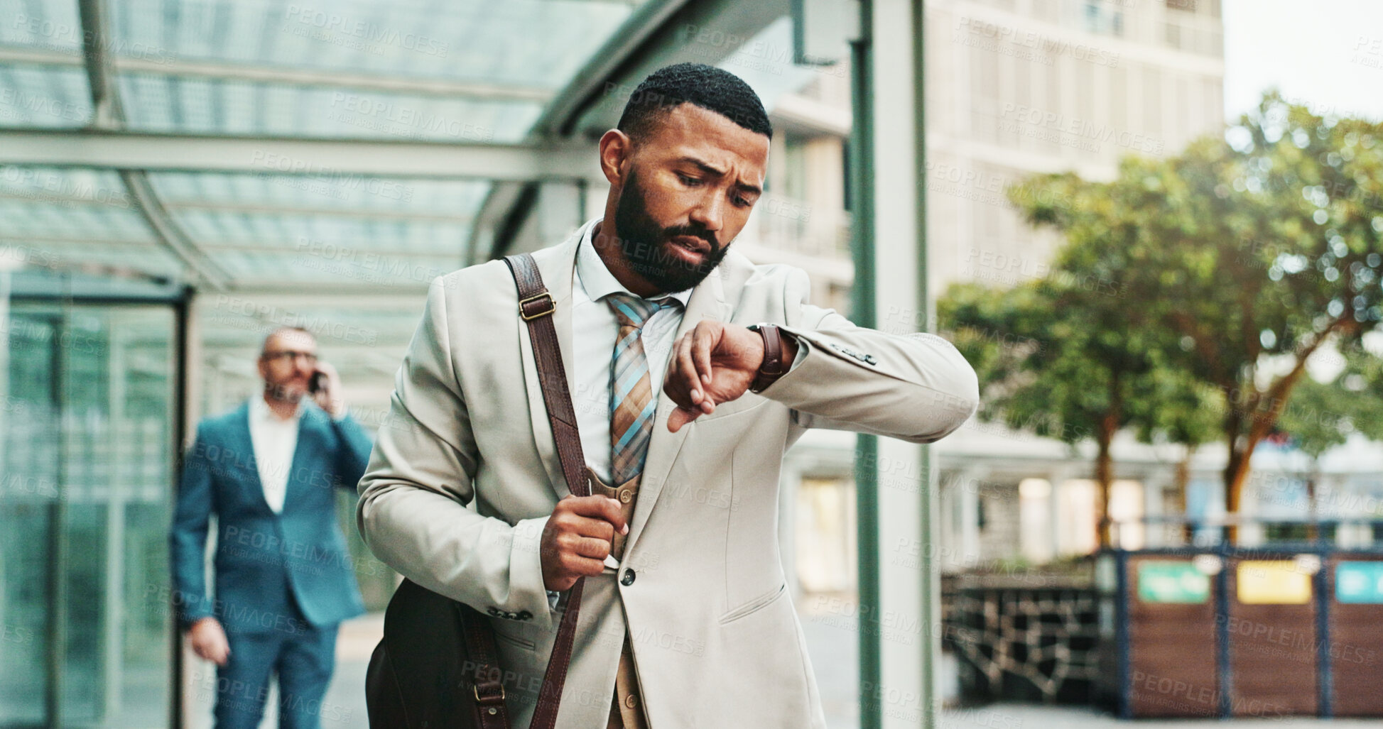 Buy stock photo Businessman, stress or check watch in city for time management, agenda or late for interview. Person, worry or outdoor with wristwatch for commute schedule, appointment or missed deadline in town