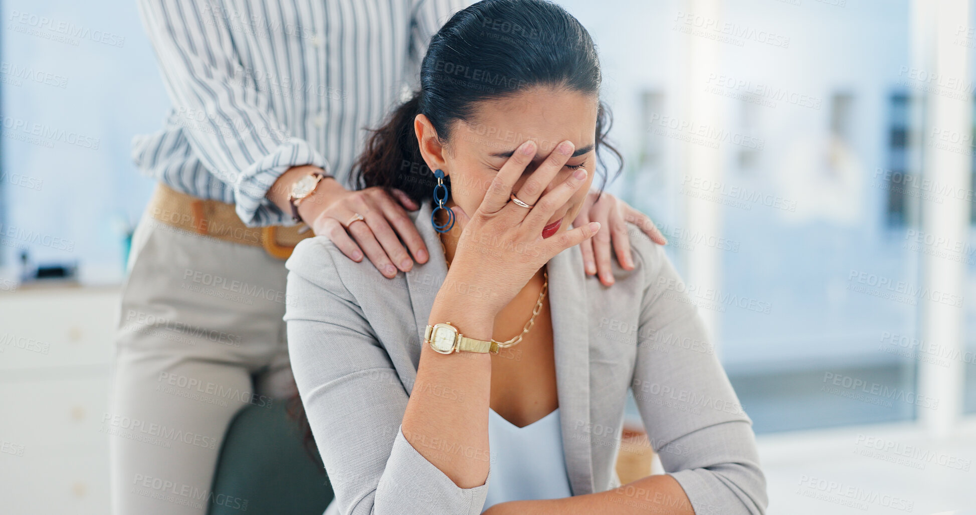 Buy stock photo Office, business woman and stress with support for burnout, investment mistake and missed deadline. People, colleague and financial advisor with headache for work pressure, fatigue or empathy in firm