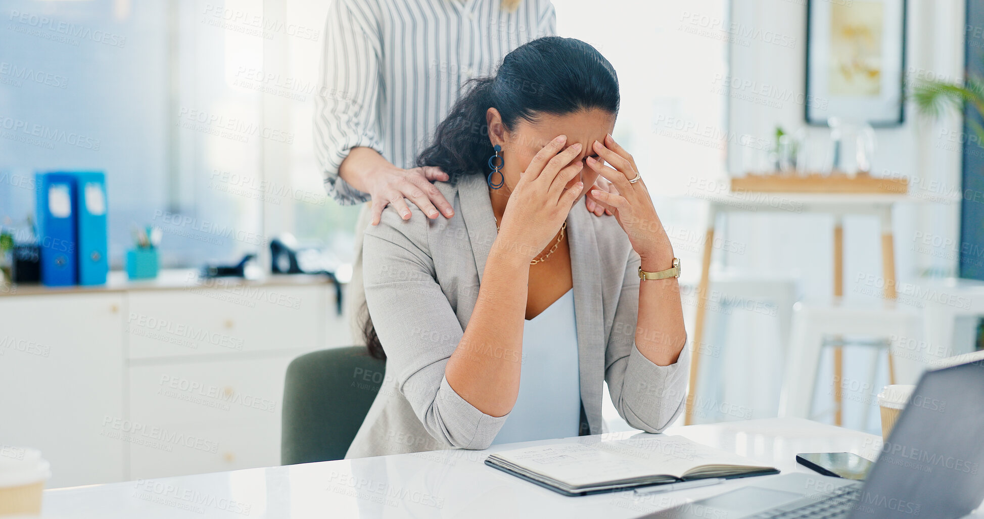 Buy stock photo Office, woman and frustrated with support for stress, investment mistake and missed deadline. Business people, colleague and financial advisor with headache for work pressure, fatigue and empathy
