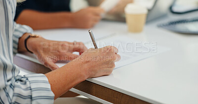 Buy stock photo Business, meeting and hands writing on paperwork for b2b negotiation, contract deal and legal agreement. Corporate client, person and sign documents in office for company integration and opportunity