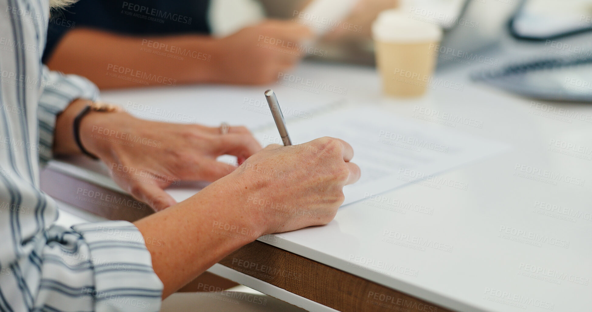 Buy stock photo Business, meeting and hands writing on paperwork for b2b negotiation, contract deal and legal agreement. Corporate client, person and sign documents in office for company integration and opportunity