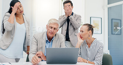 Buy stock photo Fail, laptop or team of business people with financial problem, investment loss or economy crisis. Computer, sad group or disappointed in office for stock market crash, mistake or stress for bad news