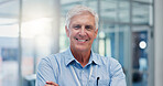 Mature, business man and portrait in office for company management, professional career and confidence. Creative startup, workplace and happy executive for growth, development and about us with pride