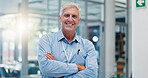 Mature, business man and arms crossed in office for company management, career pride and startup growth. Entrepreneur, portrait and happy executive for project development and about us at workplace