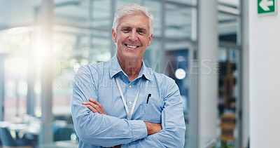 Buy stock photo Mature, business man and arms crossed in office for company management, career pride and startup growth. Entrepreneur, portrait and happy executive for project development and about us at workplace