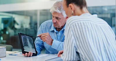 Buy stock photo Doctor, team and x ray on tablet for healthcare, discussion and planning surgery for heart operation. Man cardiologist, woman or tech screen in hospital for diagnosis, medical report and review image