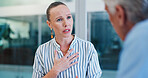 Office, hr and talking to employee, serious and shocked by complaint in meeting, chat and asking for help. Business, people and senior worker with concern for age discrimination and conversation