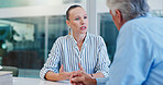 Office, hr and talking to employee, conversation and serious for complaint in meeting, chat and asking for help. Business, people and senior worker with concern for age discrimination and discussion