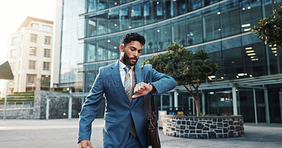Buy stock photo City, walking and businessman check watch for morning commute, travel and work schedule. Corporate, professional and person with rush or hurry for time management, meeting and appointment in town