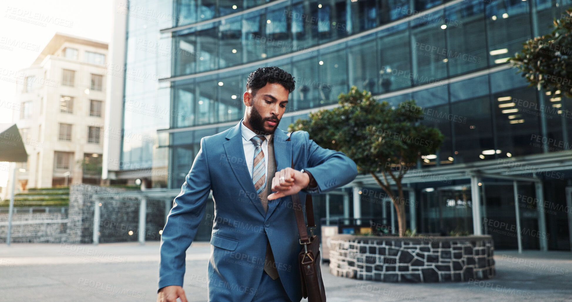 Buy stock photo City, walking and businessman check watch for morning commute, travel and work schedule. Corporate, professional and person with rush or hurry for time management, meeting and appointment in town