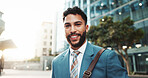 Portrait, smile and business man in city for travel, morning commute and financial career. Outdoor, happy worker and corporate entrepreneur, confident professional and investment advisor in Dubai