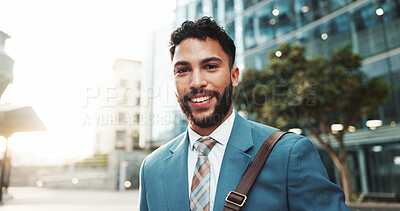 Buy stock photo Portrait, smile and business man in city for travel, morning commute and financial career. Outdoor, happy worker and corporate entrepreneur, confident professional and investment advisor in Dubai