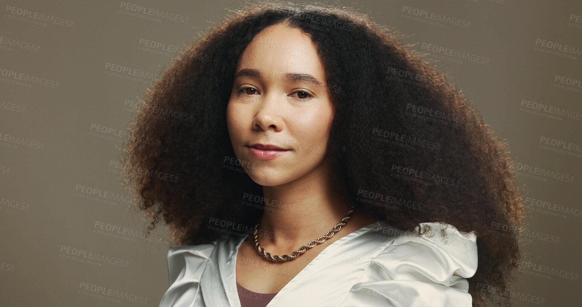 Buy stock photo Beauty, studio and portrait of African woman for wellness, facial skincare and space. Dermatology, spa and serious face of person with natural hair for cosmetics, salon and shine on brown background
