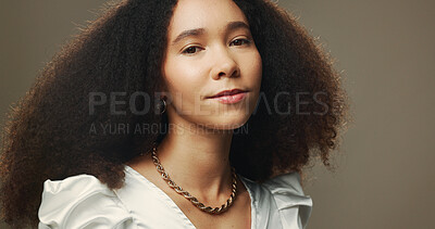 Buy stock photo Hair, studio and portrait of African woman for wellness, texture and growth treatment. Hairdresser, aesthetic and face of person with natural style for cosmetics, salon and beauty on brown background